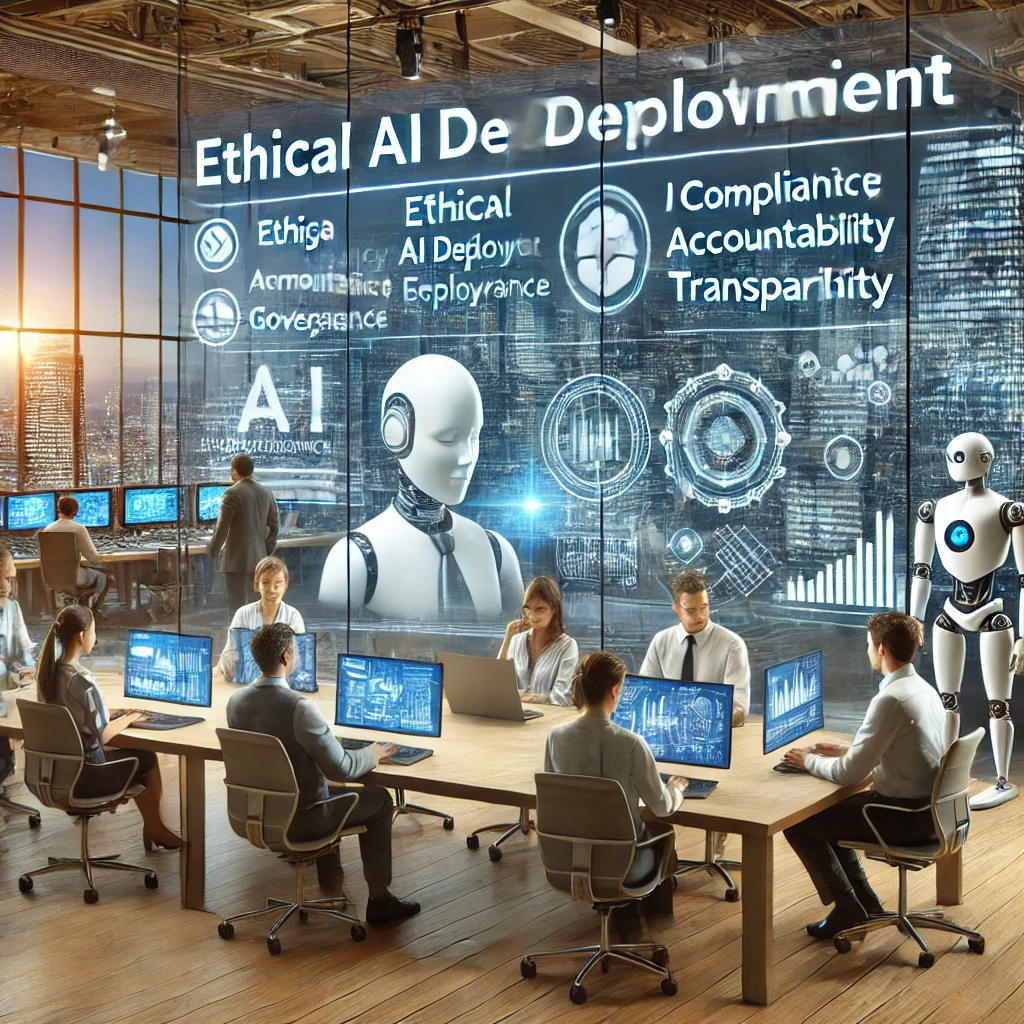 DALL·E 2024-11-19 14.20.18 - An advanced AI-driven workspace focused on ethical AI deployment and governance. The scene features a diverse team of professionals working alongside