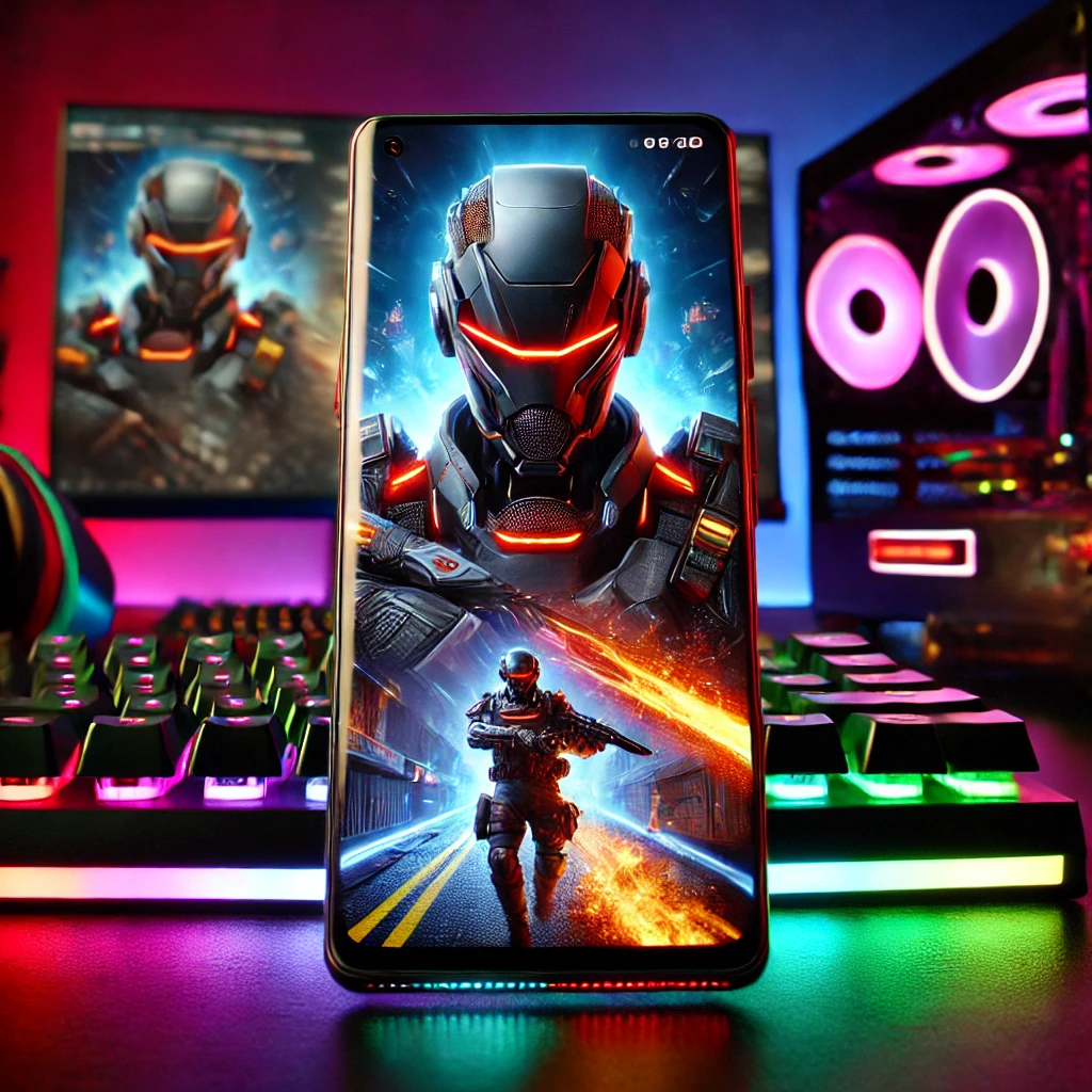 DALL·E 2024-11-25 12.10.50 - A cutting-edge gaming smartphone, RedMagic 10 Pro, displayed with a vibrant AMOLED screen showing an intense video game scene. The phone features a sl