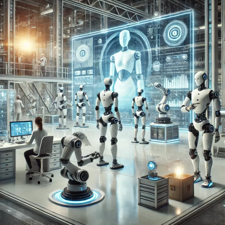 DALL·E 2024-11-19 14.00.56 - A futuristic workspace showcasing polyfunctional robots working alongside humans. The robots are sleek and advanced, performing diverse tasks such as